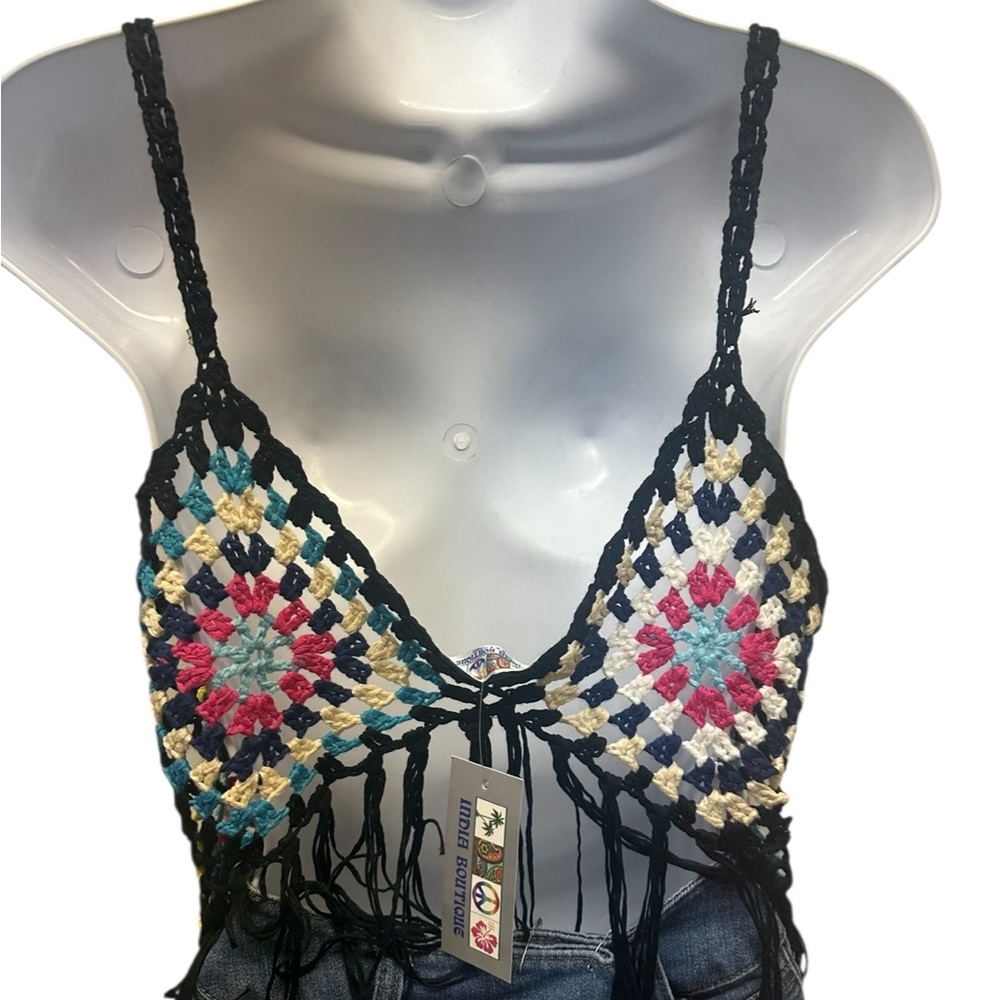 Boho Crochet Fringe Camisole. TURQ01 - Picture 2 of 3